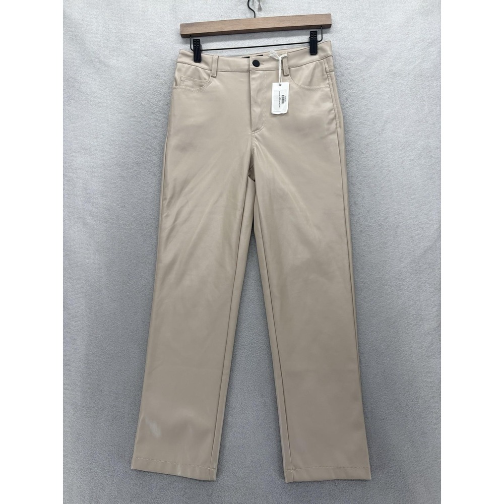 Miou Muse Faux Leather Straight Dress Pants Womens S Beige Zip Pockets Career